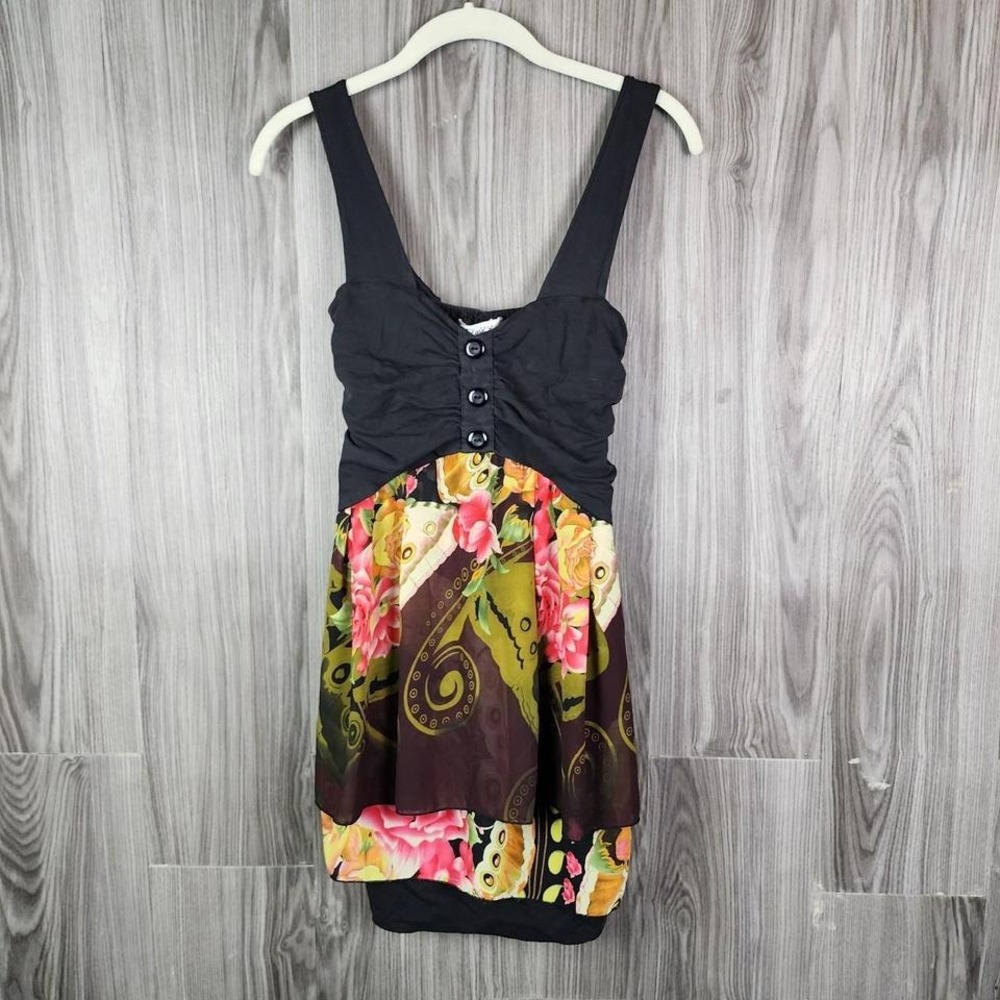 Pinky Floral Butterfly Print Layered Mini Dress Black Ruched Smocked Back Medium